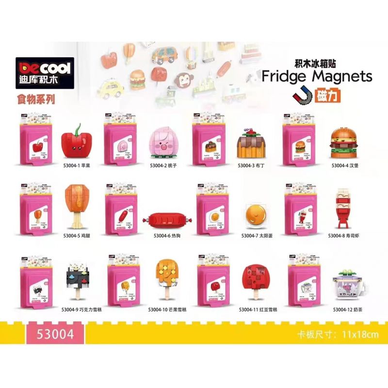 Decool 53004 Jisi 53004 non  THỰC PHẨM 12 TÁO PEACHES PUDDING BURGER CHÂN GÀ CHÓ NÓNG TRỨNG NĂNG LƯỢNG MẶT TRỜI TÔM SUSHI KEM SÔ CÔ LA XOÀI ĐẬU ĐỎ TRÀ SỮA bộ đồ chơi xếp lắp ráp ghép mô hình FRIDGE MAGNETS