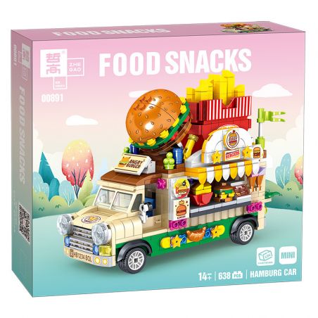 818 98284 ZHEGAO 00891 non  XE BÁNH MÌ KẸP THỊT bộ đồ chơi xếp lắp ráp ghép mô hình FOOD SNACKS HAMBURG CAR 638 khối