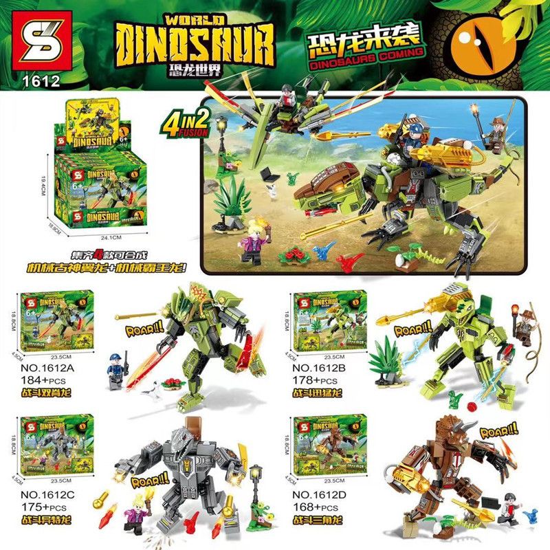 SHENG YUAN SY 1612A 1612B 1612C 1612D non  THẾ GIỚI KHỦNG LONG CUỘC TẤN CÔNG 4 LOẠI CHIẾN ĐẤU VỚI DILOPHOSAURUS VELOCIRAPTOR ALLOSAURUS TRICERATOPS bộ đồ chơi xếp lắp ráp ghép mô hình Jurassic World DINOSAUR WORLD 705 khối