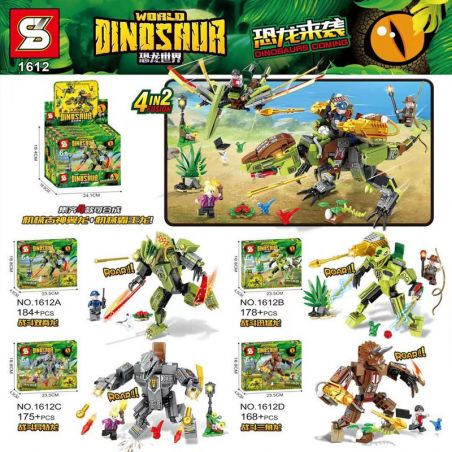 SHENG YUAN SY 1612A 1612B 1612C 1612D non  THẾ GIỚI KHỦNG LONG CUỘC TẤN CÔNG 4 LOẠI CHIẾN ĐẤU VỚI DILOPHOSAURUS VELOCIRAPTOR ALLOSAURUS TRICERATOPS bộ đồ chơi xếp lắp ráp ghép mô hình Jurassic World DINOSAUR WORLD 705 khối
