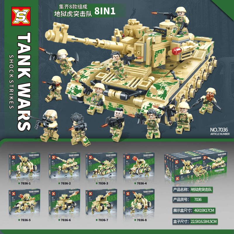 SX 7036 non  HELL TIGER COMMANDO 8 KẾT HỢP bộ đồ chơi xếp lắp ráp ghép mô hình Military Army Quân Sự Bộ Đội