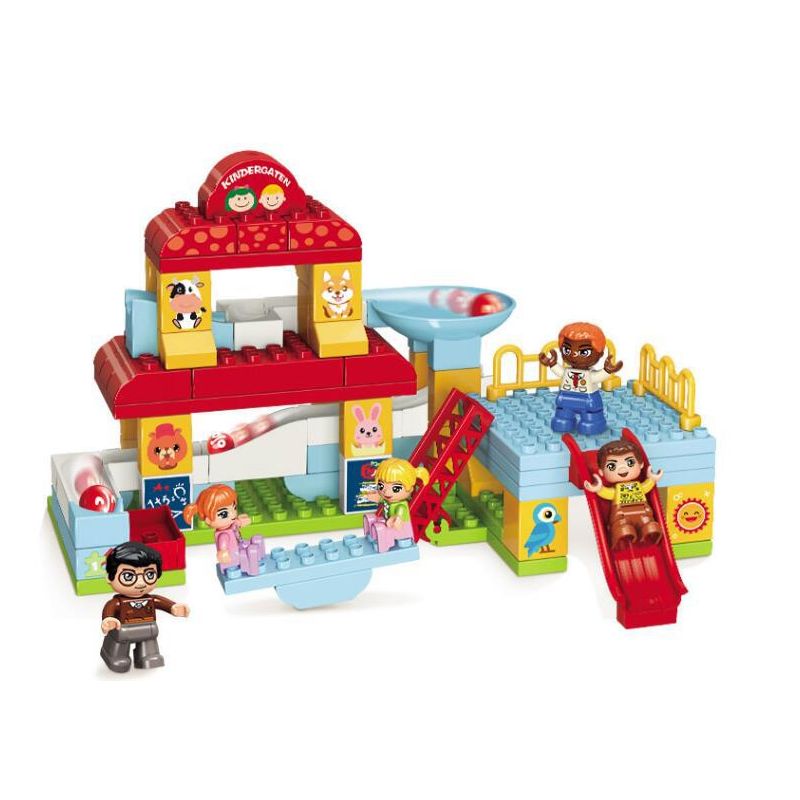 Enlighten 5104 Qman 5104 non  TRƯỜNG MẦM NON HẠNH PHÚC bộ đồ chơi xếp lắp ráp ghép mô hình 92 khối