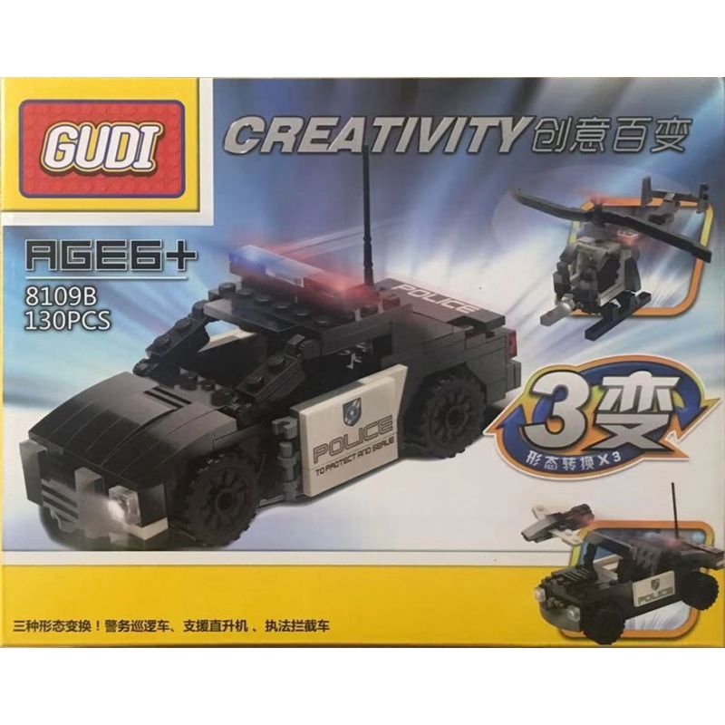 GUDI 8109B non  XE TUẦN TRA CỦA CẢNH SÁT MÁY BAY TRỰC THĂNG HỖ TRỢ THIẾT BỊ ĐÁNH CHẶN THỰC PHÁP LUẬT bộ đồ chơi xếp lắp ráp ghép mô hình Creator 3 In 1 POLICE PATROL HELICOPTER INTERCEPTOR CREATIVE VARIETY LAW ENFORCEMENT CAR Sáng Tạo Với 3 Mẫu 130 khối