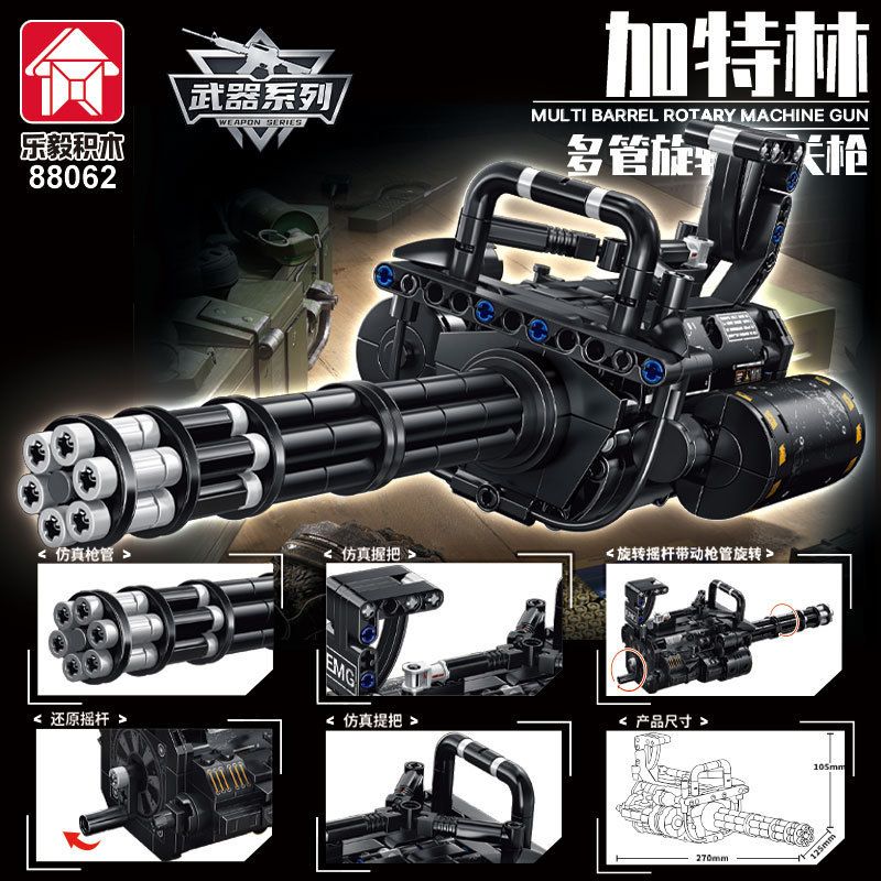 LE YI 88062 non  SÚNG MÁY QUAY NHIỀU NÒNG GATLING bộ đồ chơi xếp lắp ráp ghép mô hình Military Army MULTIBAREL ROTARY MACHINE GUN Quân Sự Bộ Đội 486 khối
