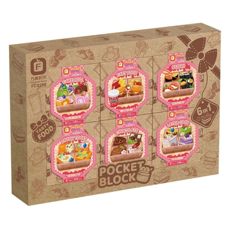 FORANGE FC8288 8288 non  BỘ SƯU TẬP MINI 6 HỘP CƠM TRƯA BÁNH TRÁI CÂY CUỘN ĐỒ ĂN NHANH KIỂU MỸ SUSHI BĂNG CHUYỀN MÌ NƯỚNG MỚI HẠNH NHÂN TẦNG bộ đồ chơi xếp lắp ráp ghép mô hình 843 khối