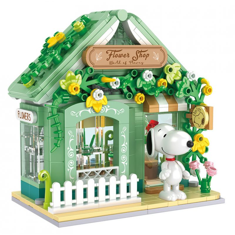 HSANHE CACO S014 non  CỬA HÀNG HOA bộ đồ chơi xếp lắp ráp ghép mô hình Snoopy PEANUTS SNOOPY FLOWER SHOP Chú Chó 438 khối