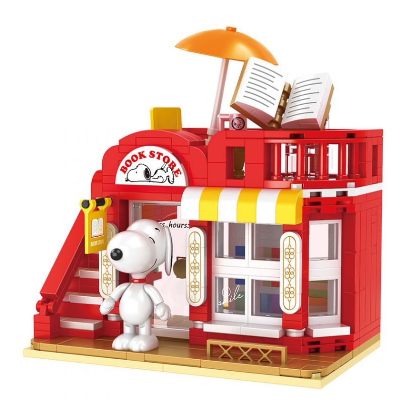 HSANHE CACO S013 non  CỬA HÀNG SÁCH bộ đồ chơi xếp lắp ráp ghép mô hình Snoopy PEANUTS SNOOPY BOOK STORE Chú Chó 379 khối