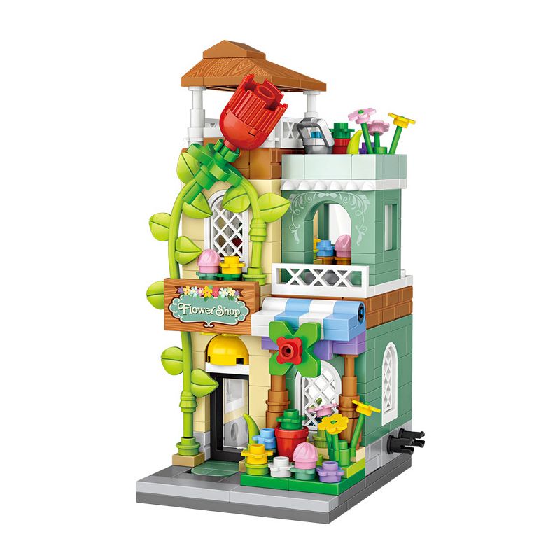 LOZ 1633 non  SHOP HOA MINI STREET VIEW bộ đồ chơi xếp lắp ráp ghép mô hình Mini Modular Đường Phố Thu Nhỏ 378 khối