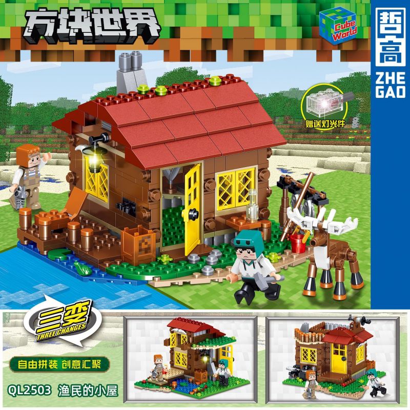 ZHEGAO QL2503 2503 non  TÚP LỀU CỦA NGƯ DÂN bộ đồ chơi xếp lắp ráp ghép mô hình Minecraft CUBE WORLD Game Xây Dựng 399 khối