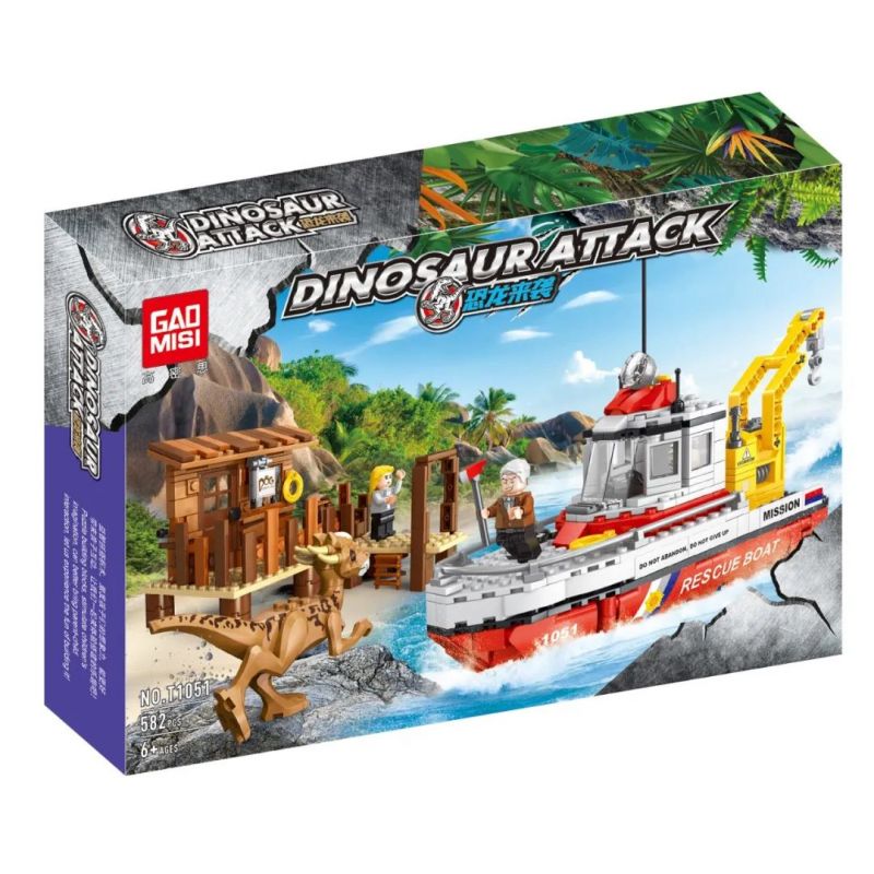 GAOMISI T1051 1051 non  KHỦNG LONG TẤN CÔNG bộ đồ chơi xếp lắp ráp ghép mô hình Dino DINOSAUR ATTACK 582 khối