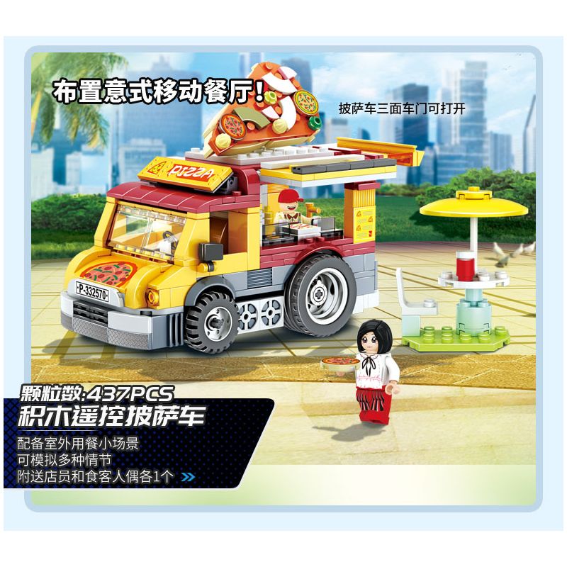 WISE BLOCK HA389132 389132 non  XE TẢI PIZZA ĐIỀU KHIỂN TỪ XA BẰNG ĐIỆN bộ đồ chơi xếp lắp ráp ghép mô hình City Thành Phố 437 khối