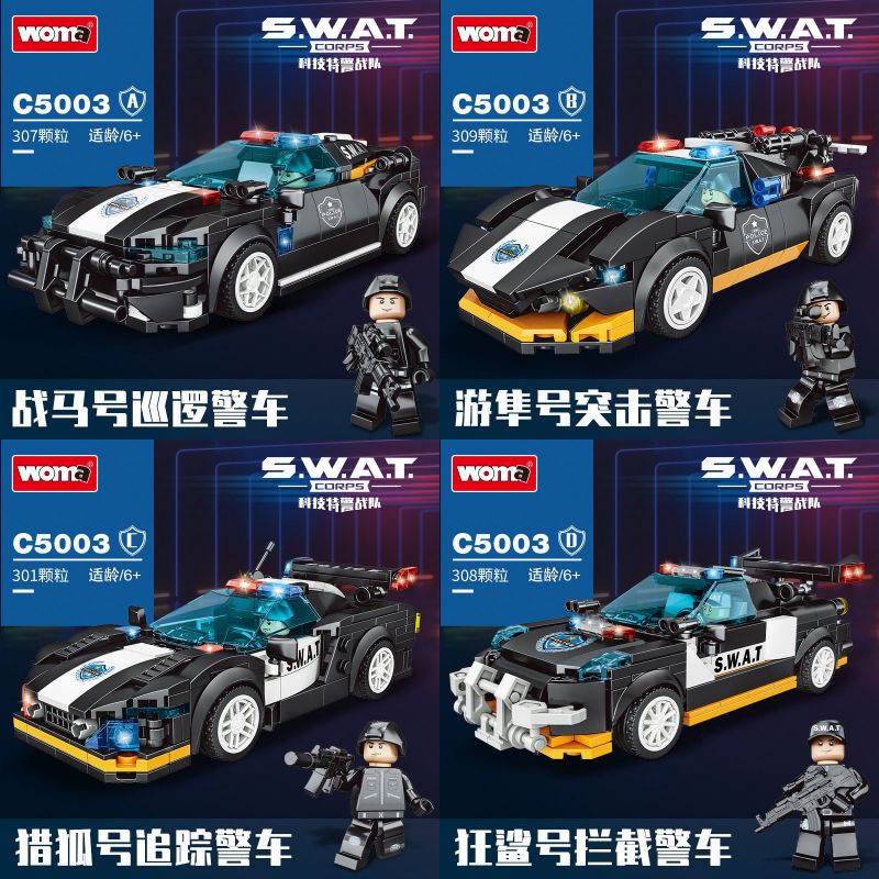WOMA C5003 5003 non  4 LOẠI XE CẢNH SÁT bộ đồ chơi xếp lắp ráp ghép mô hình Racers SWAT Đua Tốc Độ 1225 khối
