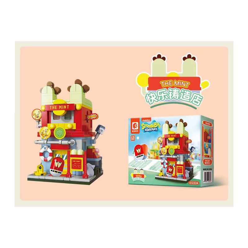 SEMBO 612224 CẢNH ĐƯỜNG PHỐ HAI TẦNG CỦA SPONGEBOB SQUAREPANTS HAPPY FOUNDRY bộ đồ chơi xếp lắp ráp ghép mô hình Movie & Game THE MINT Phim Và Trò Chơi