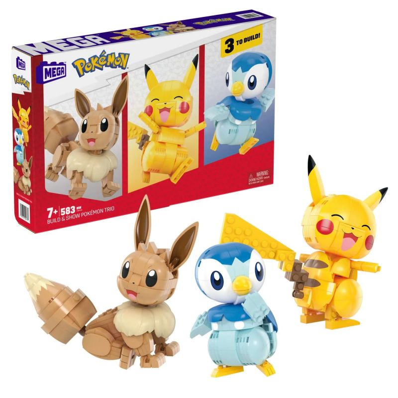 MEGA BLOKS HWX16 HNT94 POKÉMON PIKACHU EEVEE POGAMAN bộ đồ chơi xếp lắp ráp ghép mô hình Movie & Game BUILD & SHOW POKÉMON TRIO Phim Và Trò Chơi 583 khối