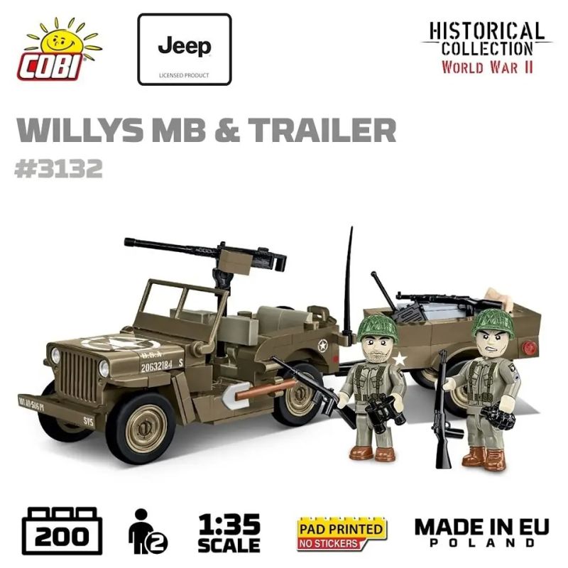 COBI 3132 WILLIS MB PHƯƠNG TIỆN QUÂN SỰ 1:35 tỷ lệ 1:35 bộ đồ chơi xếp lắp ráp ghép mô hình Military Army JEEP WILLYS MB & TRAILER Quân Sự Bộ Đội 200 khối