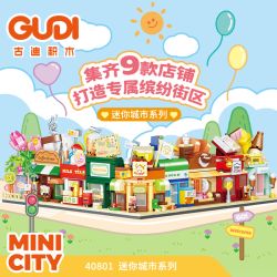 GUDI 40801 MINI CITY STREET VIEW STAPED 9 SANDWICH SHOP COFFEE INVENIENCE MILK TEA BƯU ĐIỆN TIỆM BÁNH CỬA HÀNG HOA NHÀ SÁCH KEM bộ đồ chơi xếp lắp ráp ghép mô hình 854 khối