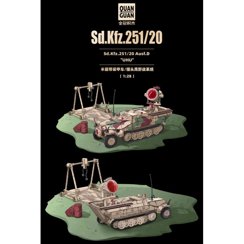 QuanGuan 100318 Quan Guan 100318 SD.KFZ.251/20 HALF TRACK TRANH CHẤP HỆ THỐNG/OWL SESSENT 1:28 tỷ lệ 1:28 bộ đồ chơi xếp lắp ráp ghép mô hình Military Army SD.KFZ.251/20 AUSF.D UHU Quân Sự Bộ Đội 1267 khối