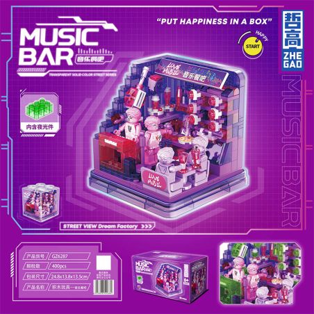 ZHEGAO GZ6287 6287 HỘP XEM ĐƯỜNG PHỐ BỮA ĂN ÂM NHẠC bộ đồ chơi xếp lắp ráp ghép mô hình MUSIC BAR 400 khối