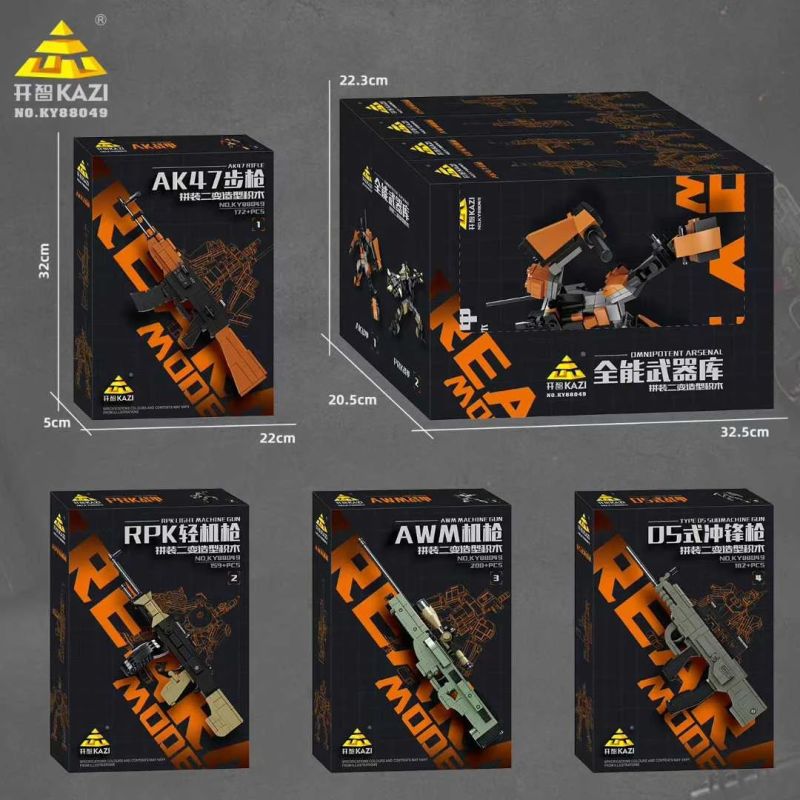 Kazi KY88049 88049 GUN HAI THAY ĐỔI CỦA ARSENAL MECHA 4 LOẠI SÚNG TIỂU ĐƯỜNG 05 ÁO GIÁP MÁY AWM HẠNG NHẸ RPK TRƯỜNG AK47 bộ đồ chơi xếp lắp ráp ghép mô hình Military Army Quân Sự Bộ Đội 713 khối