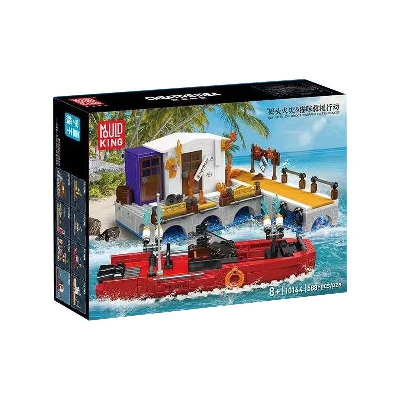 MouldKing 10144 Mould King 10144 HOẠT ĐỘNG CỨU HỘ MÈO LỬA bộ đồ chơi xếp lắp ráp ghép mô hình City FIRE AT THE DOCK & TRAPPED KITTEN RESCUE Thành Phố 588 khối