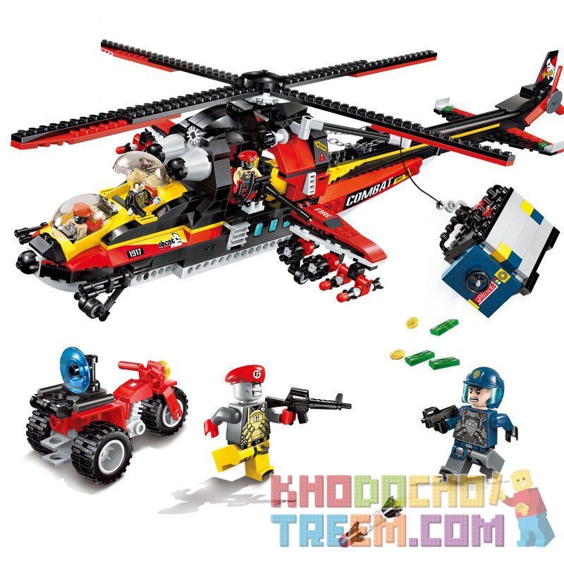 Enlighten 1917 Qman 1917 non  TRỰC THĂNG VŨ TRANG CỦA CƯỚP NGÂN HÀNG bộ đồ chơi xếp lắp ráp ghép mô hình Police POLICE BATTLE FORCE Cảnh Sát 654 khối