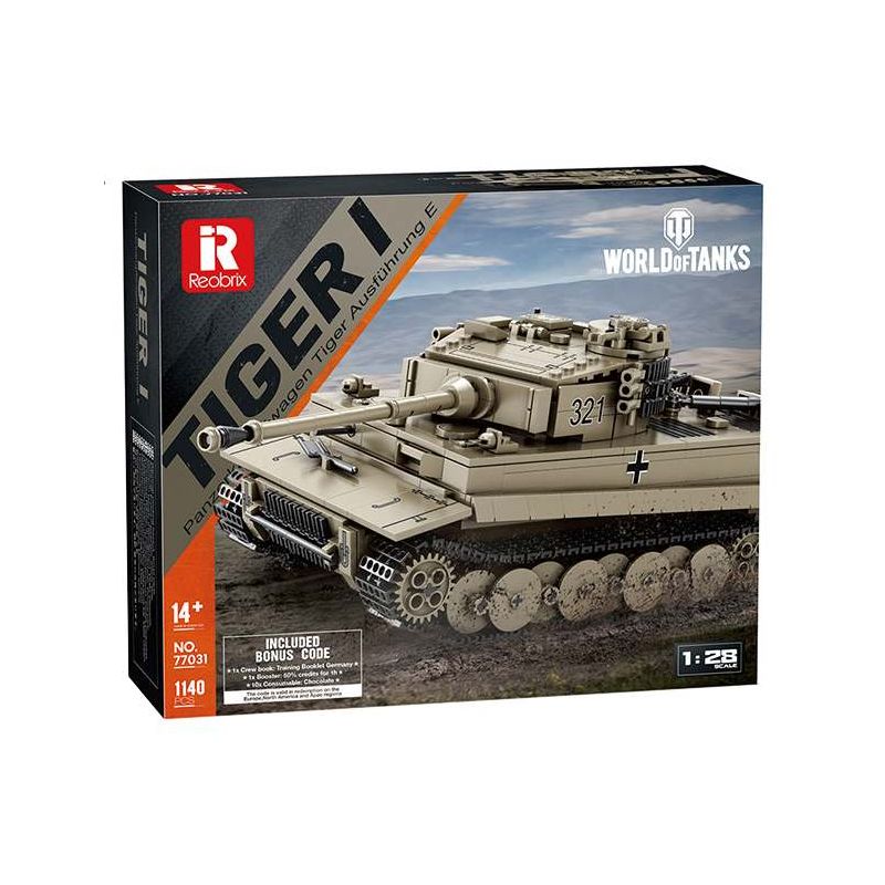 Reobrix 77031 Tiger Ⅰ Xếp hình lắp ráp ghép mô hình Thế giới xe tăng: Xe tăng hạng nặng Tiger 1:28