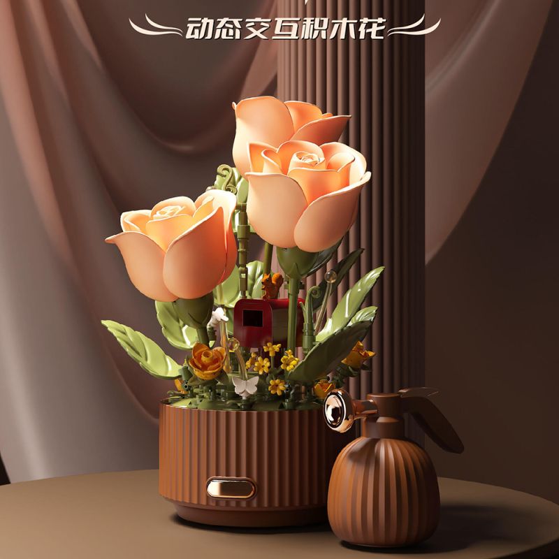 EMUE EM0029 Blooming Garden Whispers of Rose Xếp hình lắp ráp ghép mô hình Bloom Garden Tự động đóng mở hoa