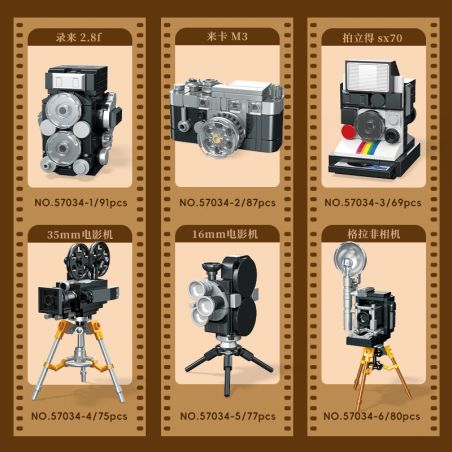 JIESTAR 57034 6 MÁY ẢNH NHỎ RETRO TRONG ĐÓ CÓ QUAY PHIM 2.8F LAIKA M3 POLAROID SX70 35MM 16MM GLAPHI bộ đồ chơi xếp lắp ráp ghép mô hình RETRO CAMERA 479 khối