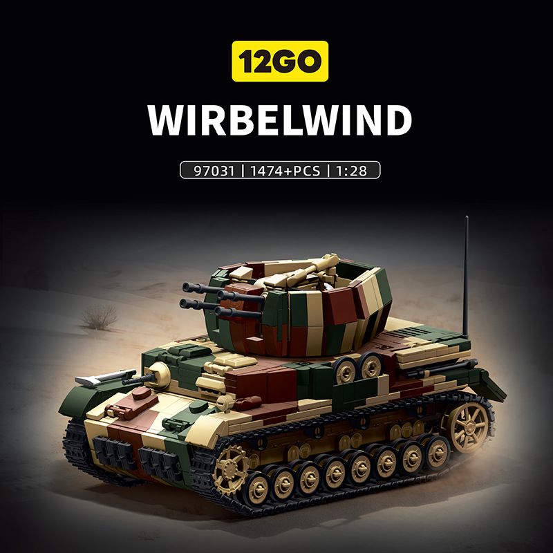 12GO 97031 PHÁO PHÒNG KHÔNG TỰ HÀNH XE TORNADO CỦA ĐỨC 1:28 tỷ lệ 1:28 bộ đồ chơi xếp lắp ráp ghép mô hình Military Army WIRBELWIND FLAKPANZER IV Quân Sự Bộ Đội 1474 khối