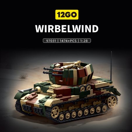 12GO 97031 PHÁO PHÒNG KHÔNG TỰ HÀNH XE TORNADO CỦA ĐỨC 1:28 tỷ lệ 1:28 bộ đồ chơi xếp lắp ráp ghép mô hình Military Army WIRBELWIND FLAKPANZER IV Quân Sự Bộ Đội 1474 khối