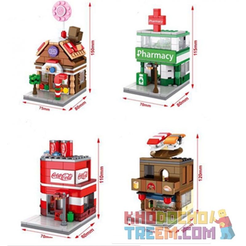 SEMBO SD6024 6024 601515 SD6022 6022 601514 SD6023 6023 SD6025 6025 non  PHỐ THƯƠNG MẠI VÀ NGÔI NHÀ KẸO NGỌT TRÊN ĐƯỜNG bộ đồ chơi xếp lắp ráp ghép mô hình Mini Modular HOLIDAY STREET SODA DRINK CANDY HOUSE SEMBO BLOCK PHARMACY Đường Phố Thu Nhỏ 189 khối