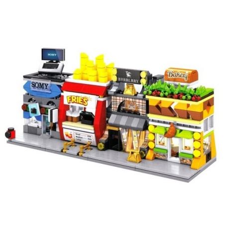 SEMBO SD6062 6062 SD6063 6063 SD6064 6064 SD6065 6065 non  BỘ 4 CỬA HÀNG QUẦN ÁO BÁNH NGỌT KHOAI TÂY CHIÊN MÁY TÍNH bộ đồ chơi xếp lắp ráp ghép mô hình Mini Modular SEMBO BLOCK BAKERY FRIES Đường Phố Thu Nhỏ 143 khối