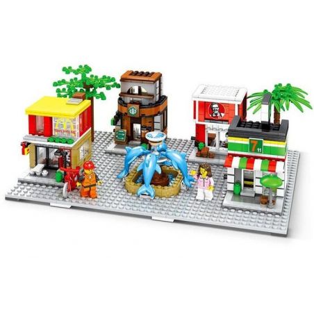 SEMBO SD6750 6750 Xếp hình kiểu  MODULAR BUILDINGS KFC Starbucks McDonalds 7-Eleven 4 Cửa Hàng ăn Nhanh Kết Hợp 813 khối