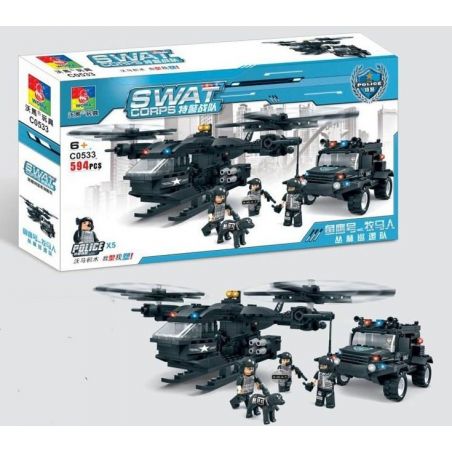 WOMA C0533 0533 Xếp hình kiểu  SWAT SPECIAL FORCE SWAT Helicopter Car Trực Thăng Phối Hợp ô Tô Lính đặc Nhiệm 594 khối