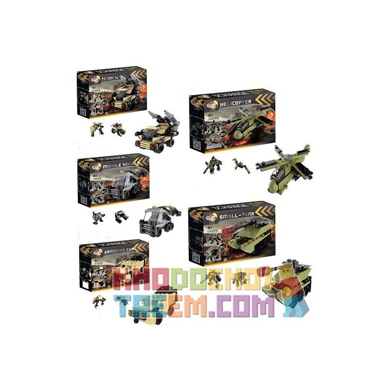 QIZHILE 3002 Xếp hình kiểu  MILITARY ARMY Military Equipment 5 In 1 Phương Tiện Quân Sự 5 Trong 1 Xe Bọc Thép, Xe Tăng Nhỏ, Xe Bắn Tên Lửa, Trực Thăng, Xe Kĩ Thuật 521 khối
