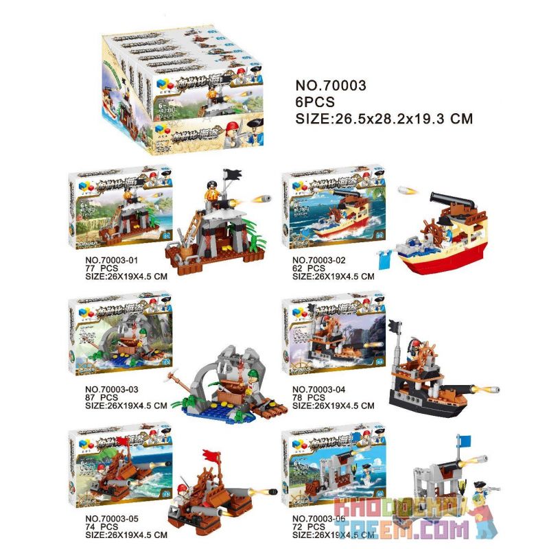 QIZHILE 70003 non  TRẬN ĐÁNH CỦA QUÂN ĐỘI HOÀNG GIA VÀ CƯỚP BIỂN 6 TRONG 1 bộ đồ chơi xếp lắp ráp ghép mô hình Pirates Of The Caribbean FORTRESS GUNBOAT Cướp Biển Vùng Caribe 450 khối