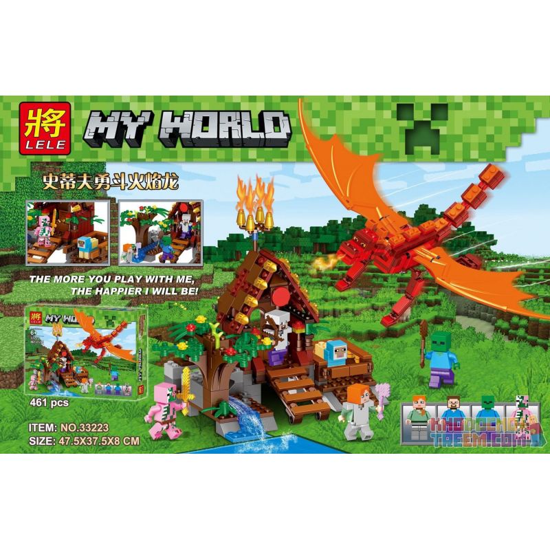 LELE 33223 non  CHIẾN ĐẤU VỚI RỒNG LỬA bộ đồ chơi xếp lắp ráp ghép mô hình Minecraft MY WORLD Game Xây Dựng 461 khối