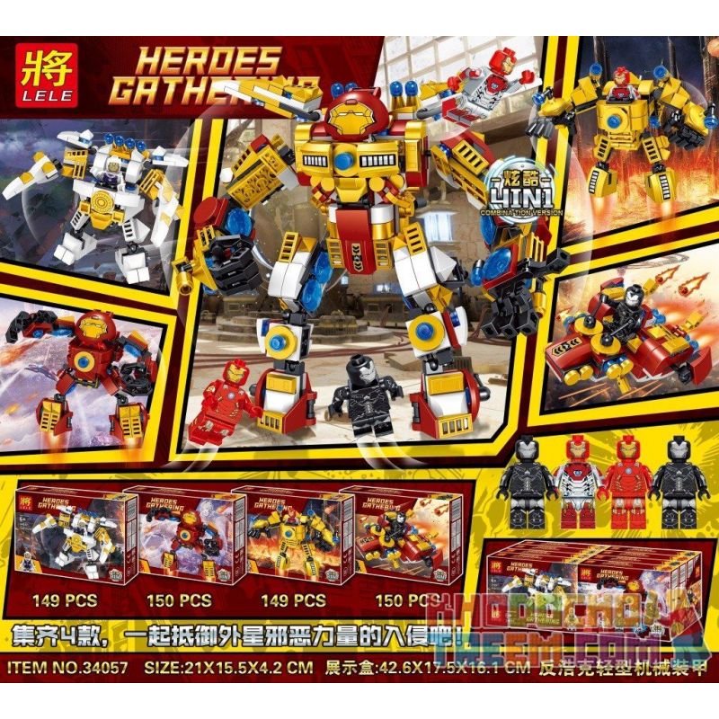 LELE 34057 non  SIÊU ANH HÙNG KẾT HỢP 4 TRONG 1 bộ đồ chơi xếp lắp ráp ghép mô hình Super Heroes HEROES GATHERING Siêu Nhân Anh Hùng 598 khối