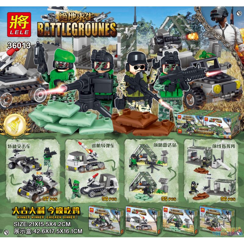 LELE 36013 non  BỘ LẮP RÁP VỚI 4 BAO GỒM MỘT XE TẢI BẮN TÊN LỬA Ô TÔ GẮN SÚNG 6 NÒNG VÀ 2 TRẠM NGHỈ bộ đồ chơi xếp lắp ráp ghép mô hình Pubg Battlegrounds Bắn Súng 378 khối