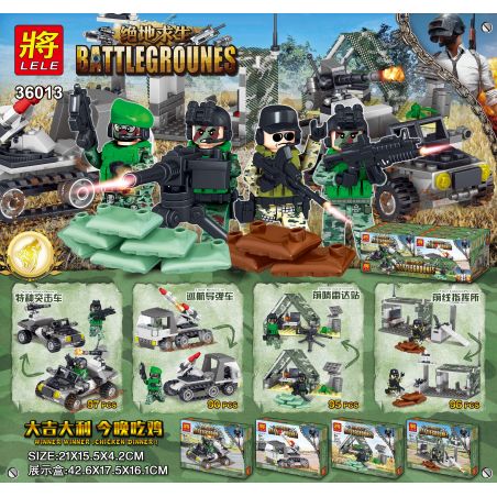 LELE 36013 non  BỘ LẮP RÁP VỚI 4 BAO GỒM MỘT XE TẢI BẮN TÊN LỬA Ô TÔ GẮN SÚNG 6 NÒNG VÀ 2 TRẠM NGHỈ bộ đồ chơi xếp lắp ráp ghép mô hình Pubg Battlegrounds Bắn Súng 378 khối