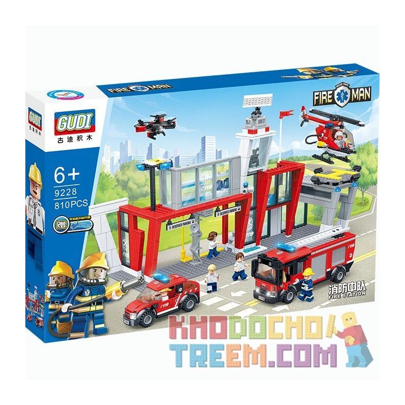 GUDI 9228 non  TRẠM CỨU HỎA GỒM Ô TÔ VÀ MÁY BAY bộ đồ chơi xếp lắp ráp ghép mô hình City FIREMAN FIRE STATION Thành Phố 810 khối