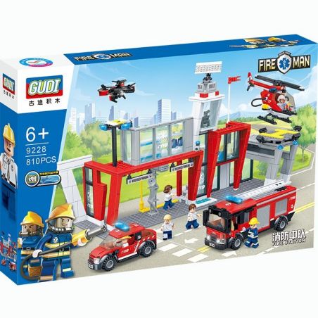 GUDI 9228 non  TRẠM CỨU HỎA GỒM Ô TÔ VÀ MÁY BAY bộ đồ chơi xếp lắp ráp ghép mô hình City FIREMAN FIRE STATION Thành Phố 810 khối