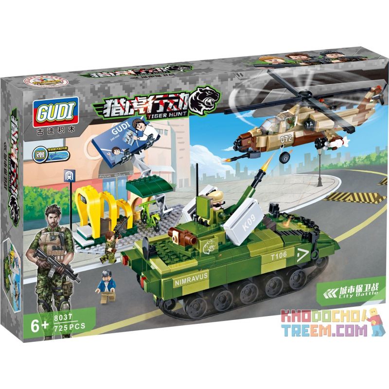 GUDI 8037 non  PHÒNG THỦ TRONG THÀNH PHỐ bộ đồ chơi xếp lắp ráp ghép mô hình Tiger Hunt TIGER HUNT CITY BATTLE Chiến Dịch Săn Cọp 725 khối