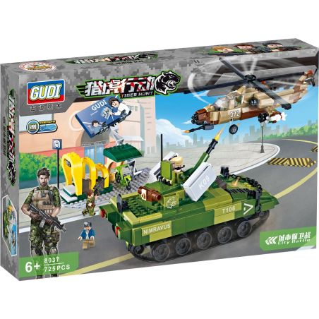 GUDI 8037 non  PHÒNG THỦ TRONG THÀNH PHỐ bộ đồ chơi xếp lắp ráp ghép mô hình Tiger Hunt TIGER HUNT CITY BATTLE Chiến Dịch Săn Cọp 725 khối