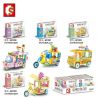 SEMBO 601200 601201 601202 601203 non  XE BÁN KEM ĐỒ UỐNG BÁNH NGỌT KẸO bộ đồ chơi xếp lắp ráp ghép mô hình Mini Modular SEMBO BLOCK Đường Phố Thu Nhỏ 542 khối