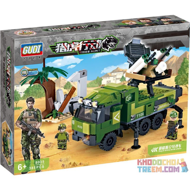 GUDI 8035 non  XE ĐẶC CHỦNG ĐƯỢC GẮN RADA VÀ TÊN LỬA PHÒNG KHÔNG bộ đồ chơi xếp lắp ráp ghép mô hình Tiger Hunt TIGER HUNT DOUG AIR-DEFENSE MISSILE VEHICLES Chiến Dịch Săn Cọp 385 khối