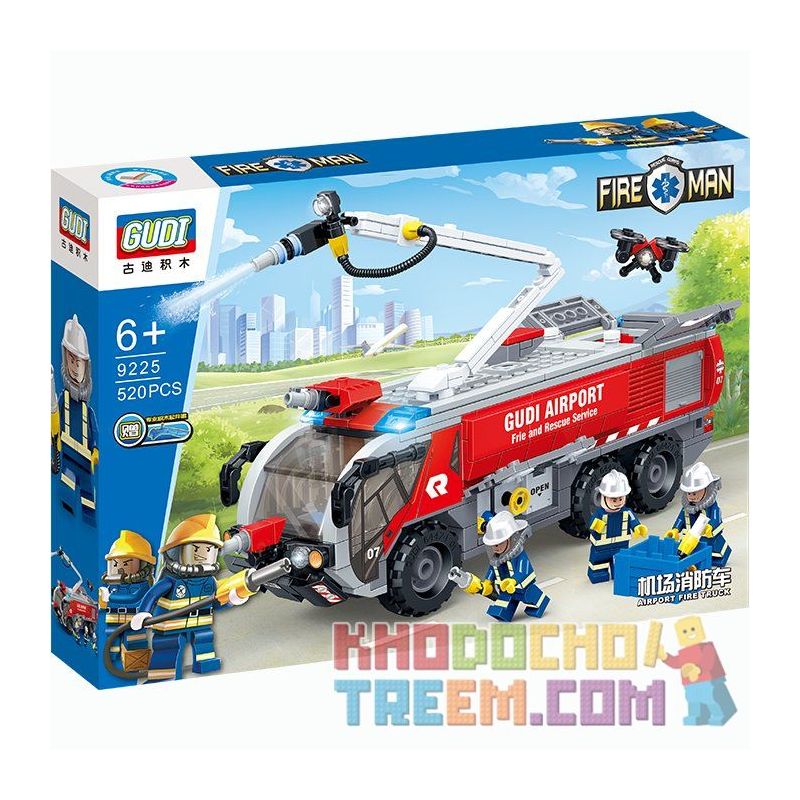 GUDI 9225 non  XE CỨU HỎA bộ đồ chơi xếp lắp ráp ghép mô hình City FIREMAN AIRPORT TRUCK Thành Phố 520 khối