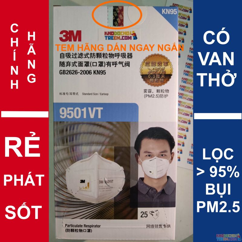 Khẩu trang 3M 9501VT KN95 lọc hơn 95% bụi siêu mịn PM2.5 có van thở, đeo tai, chun tổng hợp, chính hãng tốt hơn 3M 9001V chỉ lọc
