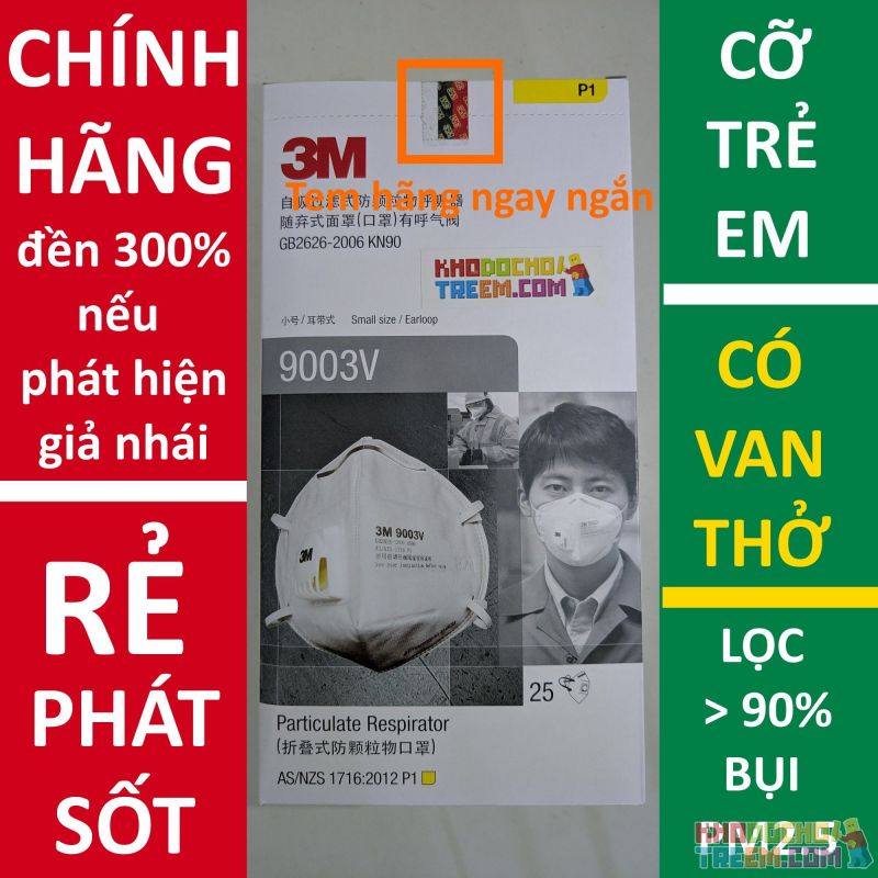 Khẩu trang trẻ em 3M 9003V KN90 lọc hơn 90% bụi siêu mịn PM2.5 có van thở