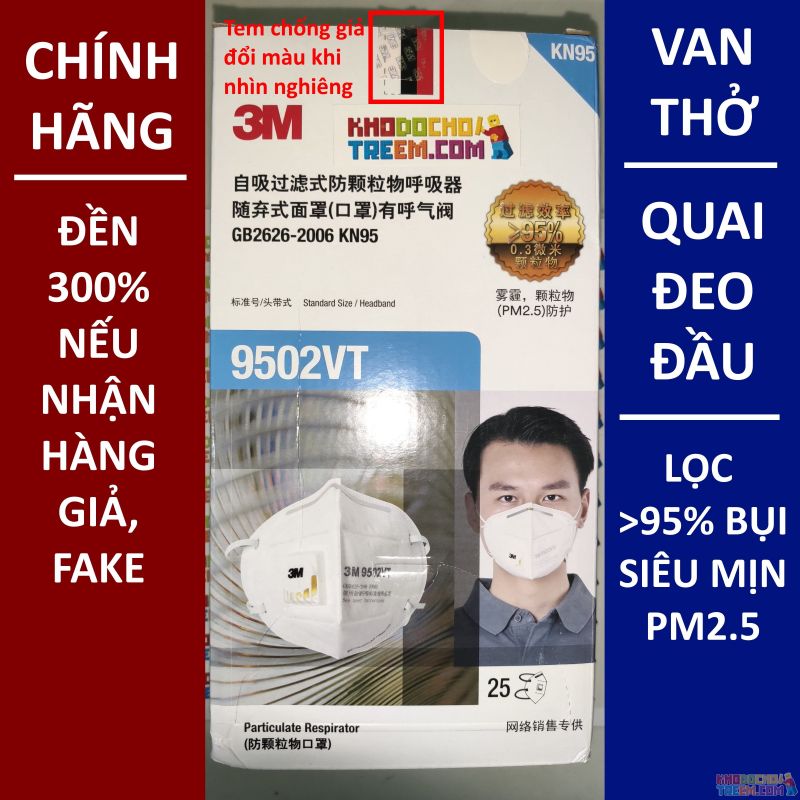 Khẩu trang 3M 9502VT KN95 lọc hơn 95% bụi siêu mịn PM2.5 có van thở, đeo đầu, chun tổng hợp, chính hãng tốt hơn 3M 9002V chỉ lọc